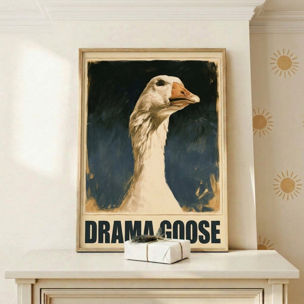 Vintage bird illustration featuring a silly goose in theatrical pose, combining warm burnt orange and gold accents with navy and cream in a retro aesthetic; framed poster art on a wall.