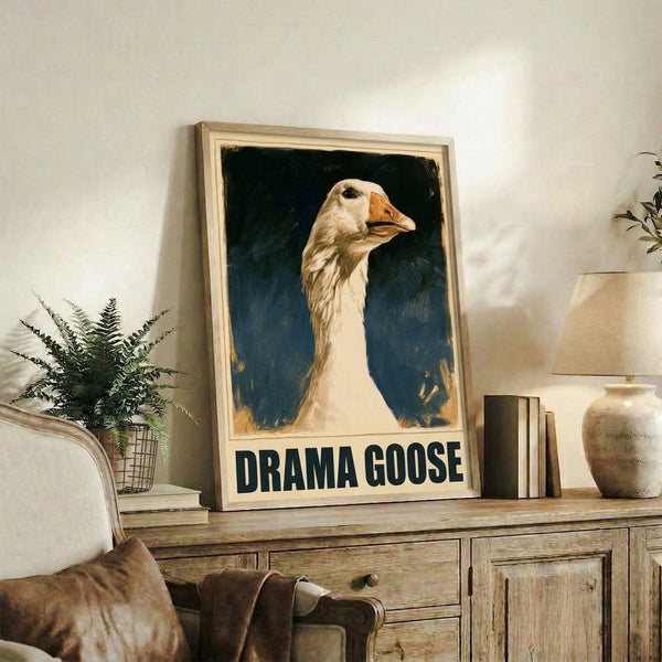 Humorous goose character portrait in mid-century retro design with earthy cream, navy, and burnt orange palette; a whimsical framed print bringing quirky charm to wall decor.