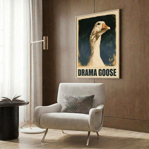 Dramatic goose head study in vintage style using gold, burnt orange, navy blue, and cream; a cheeky, retro-inspired art print framed as wall decoration with playful personality.