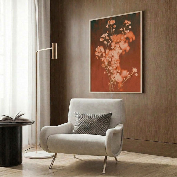 Pale peach and rust-toned watercolor floral poster with baby's breath sprigs displayed as framed wall art in a warm, nostalgic style.