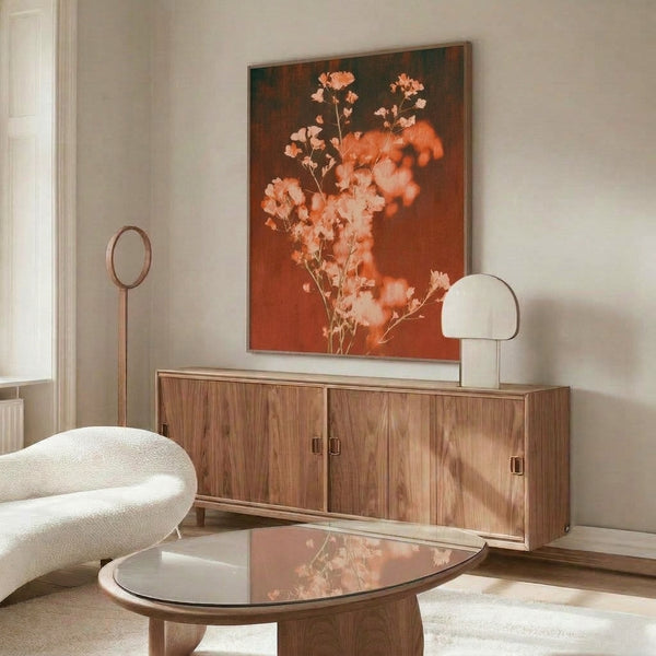 Framed boho botanical print rendered in loose watercolor technique with burnt sienna flowers and cream background, perfect for warm, romantic home decor.