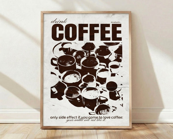 Retro-style framed poster featuring a minimalist coffee cup design in brown and cream tones with bold black text, perfect for kitchen or office decor.
