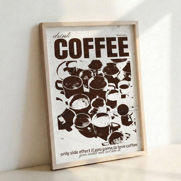 Minimalist framed wall art depicting a stylized coffee cup in earthy brown and black with retro flair, ideal for casual home or workspace settings.