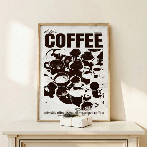 Retro coffee poster with a simple, bold mug design in brown, cream, and black tones featuring playful caffeinated messaging in modern minimalist style.