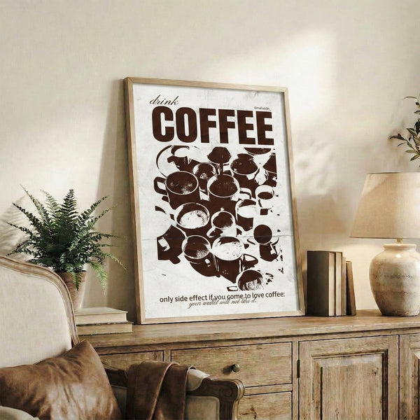 Minimalist coffee-themed art print in retro brown and cream palette with a clean mug illustration and witty text, framed and ready to hang.