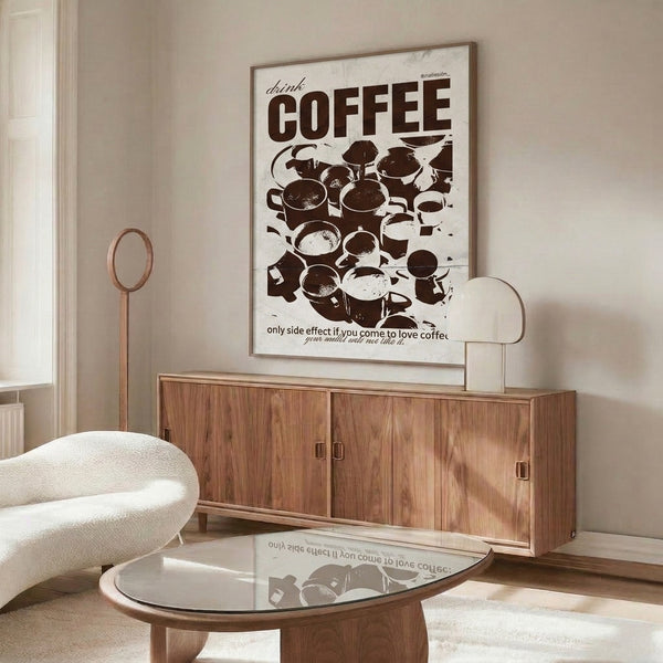 Framed retro poster celebrating coffee culture with a simplified cup design in earthy browns and whites, blending vintage charm with modern minimalist aesthetics.