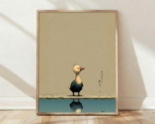 Minimalist line art poster of a duckling gazing at its reflection in still water, rendered in black ink on cream background with touches of teal and warm ochre, framed on wall.