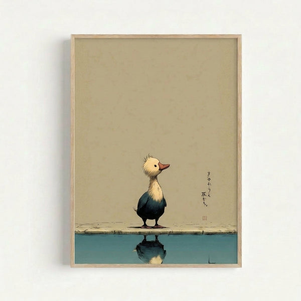 Japanese-inspired woodblock style poster featuring a serene duck and mirror image in water, composed in calm black lines against beige with soft teal accents.