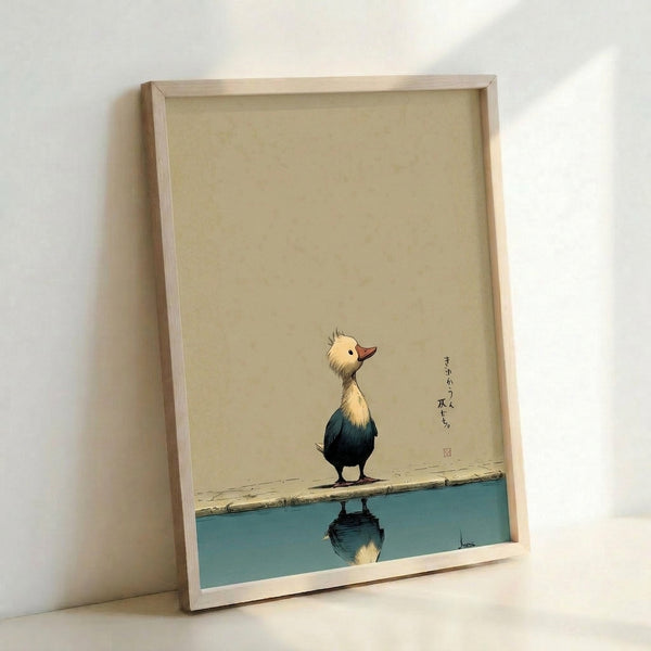 Zen-inspired framed art print showing a contemplative duckling observing its reflection, executed in minimalist black linework with cream, teal blue, and ochre tones.