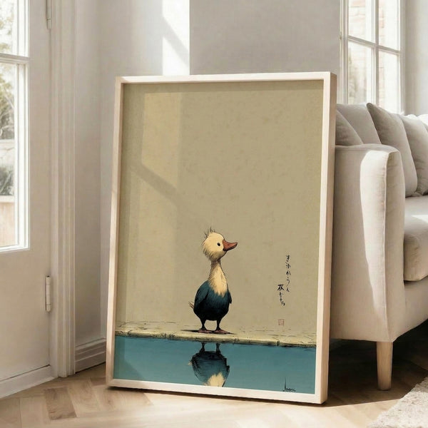 Calligraphy-influenced poster of a peaceful bird studying its water reflection, rendered in refined black strokes on warm cream paper with subtle teal and ochre highlights.