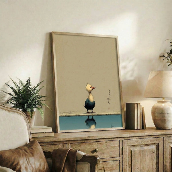 Serene minimalist duck artwork in Japanese aesthetic, depicting the bird and its reflected image in black line art against cream ground with teal and warm earth tones.