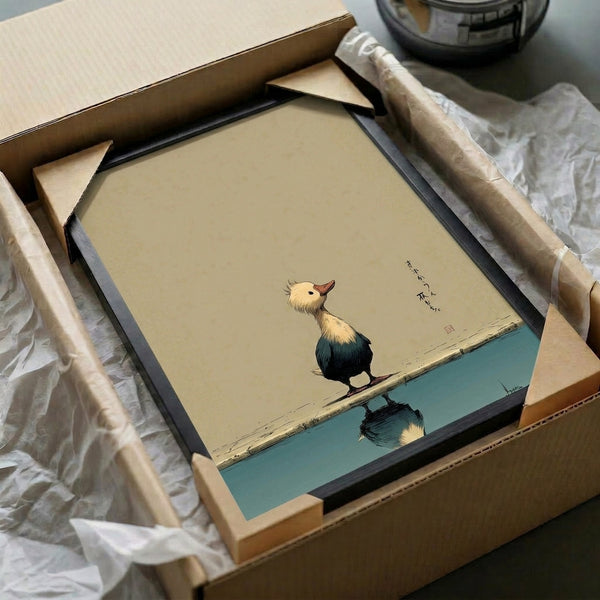 Japandi-style wall art featuring a simple duck silhouette and mirror reflection in still water, rendered in black minimalist linework on cream with touches of teal and warm ochre.