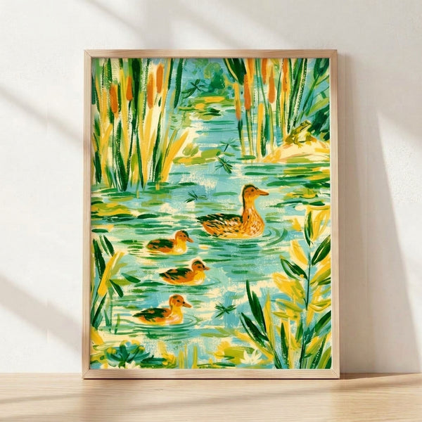 Watercolor painting of a mallard duck family swimming in a serene pond surrounded by reeds, cattails, and water lilies in soft blues, sage greens, and golden tones.