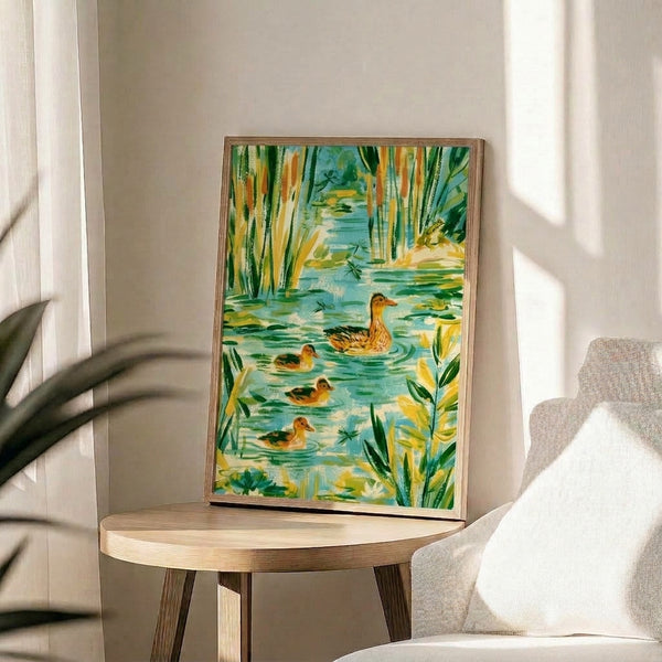 Gentle watercolor artwork depicting mallard ducks and ducklings in a peaceful pond landscape with dragonflies and aquatic plants in warm cream and blue hues.