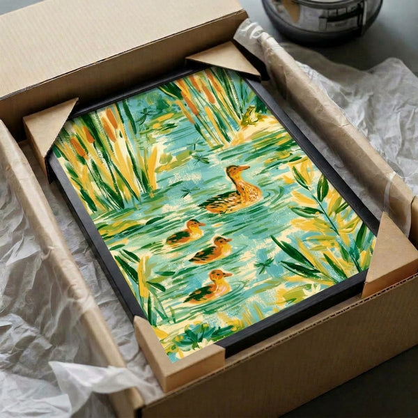 Serene boho watercolor scene of a duck family in their pond habitat with delicate reeds and water lilies rendered in soothing blues, greens, and warm yellows.