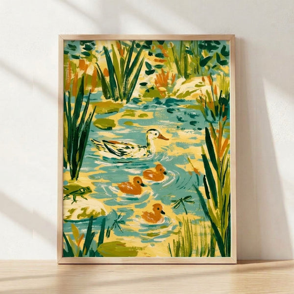Watercolor landscape painting of a duck family swimming in a serene marsh pond surrounded by tall reeds and dragonflies, rendered in soft teal, warm yellow, and burnt orange tones.