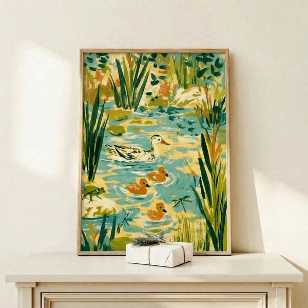 Impressionist-style watercolor art depicting peaceful ducks in a tranquil pond with marsh vegetation, painted in muted greens, cream, and teal blues creating a pastoral scene.