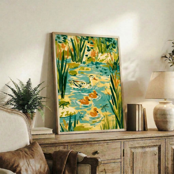 Vintage watercolor marsh scene showing duck family on calm water amid reeds and wildflowers, with impressionistic brushwork in soft yellows, teals, and warm oranges.