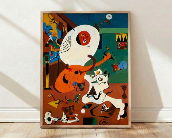 Surrealist abstract framed poster featuring geometric shapes and playful forms in warm earth tones and vibrant accent colors, evoking a dreamlike interior scene.