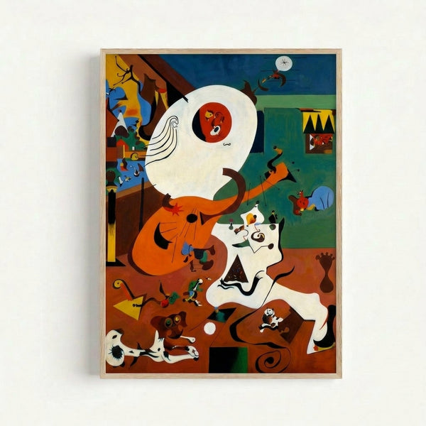Cubist-inspired wall art print with interlocking abstract figures and organic shapes rendered in ochre, cream, and bold jewel tones.