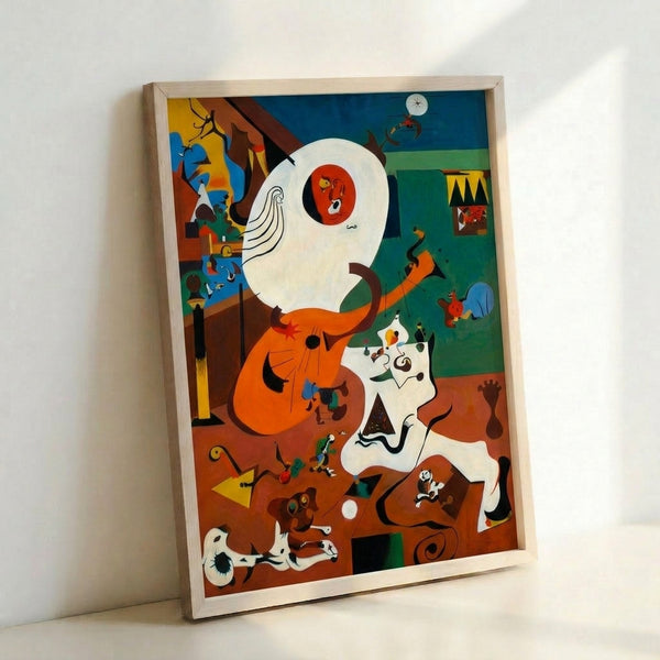 Modern art poster displaying whimsical surrealist composition with fragmented forms and curved lines in a warm, earthy color palette.