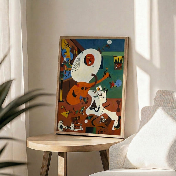 Contemporary wall art showcasing surrealist abstraction with playful, interconnected shapes and warm golden and russet tones.