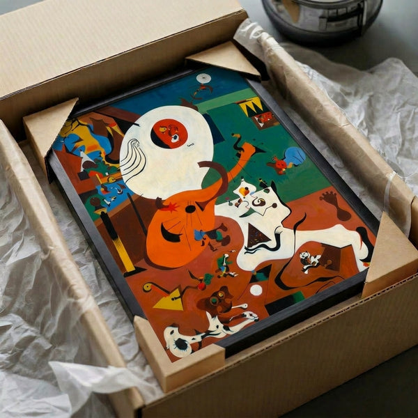 Cubist-surrealist wall print featuring dynamic abstract forms and organic shapes in an earthy, richly toned color scheme.