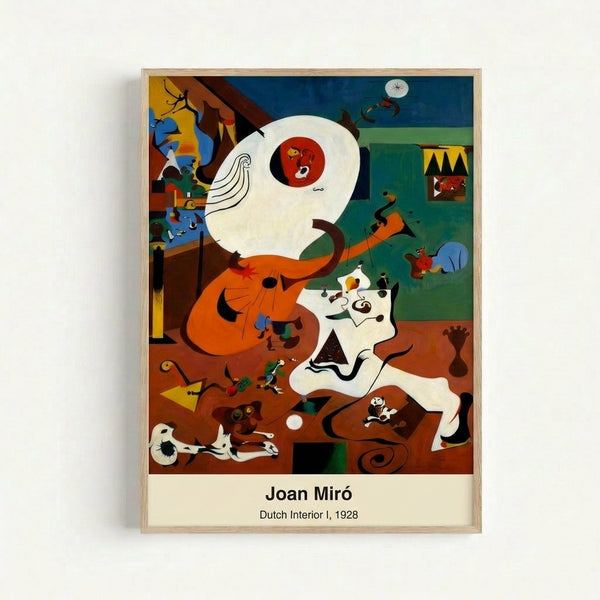 Miro's whimsical composition with playful abstract figures and household forms rendered in muted earth tones and cream, creating an intellectually imaginative modern art print.
