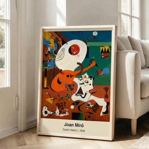 Framed modern art print showcasing dreamlike geometric shapes, an archer figure, and bird motif rendered in warm rust and ochre tones against a light ground.