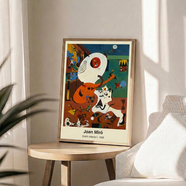 Cubist-influenced surreal composition with playful abstracted forms including an archer, arrows, and bird in a sophisticated palette of muted colors and black lines.