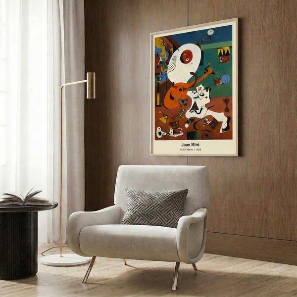 Whimsical surrealist interior scene reimagined through geometric abstraction, featuring warm ochre and rust tones with bold black accents on a cream-colored art print.