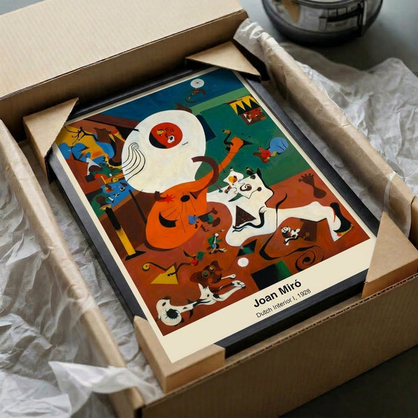 Abstract surreal poster with intellectually playful household and figure imagery in earth tones and cream, exemplifying modern artistic dreamlike interpretation.