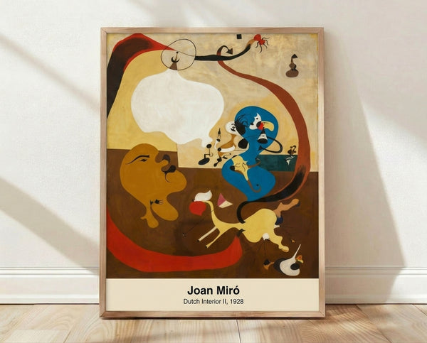 Surreal abstract poster featuring dreamlike interpretation of an interior with stylized furniture forms in rust, cream, ochre, black, and teal tones, displayed as framed wall art.