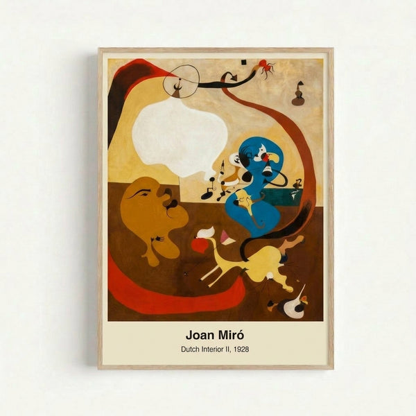 Abstract surrealist artwork with whimsical household elements and organic shapes in warm and cool earth tones, creating a curious, imaginative composition on framed poster.