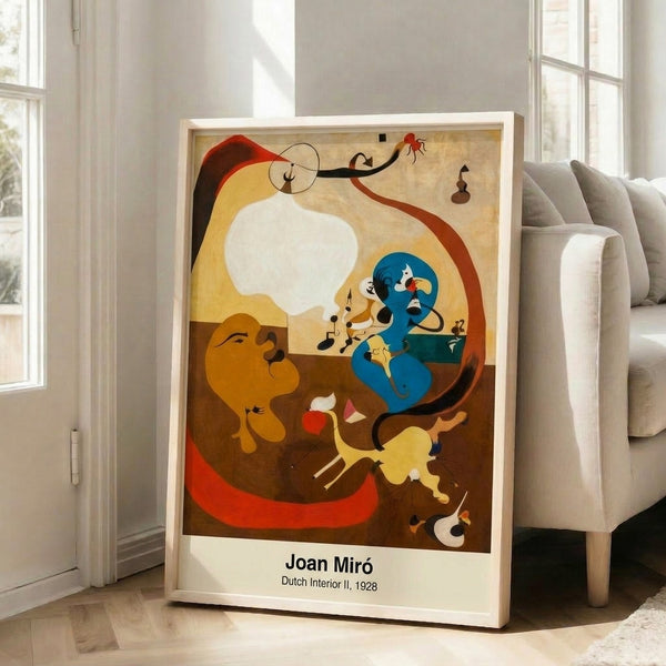 Surreal abstract poster capturing an imaginative domestic space with biomorphic forms and muted ochre, cream, black, and teal palette, evoking whimsical mood.