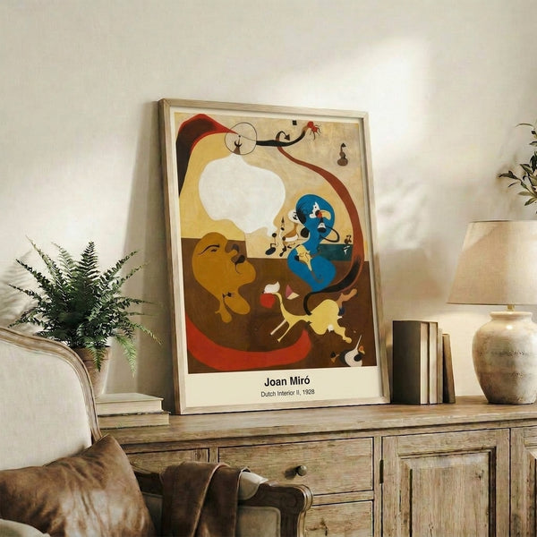 Abstract surrealist framed artwork depicting interior elements through curious, flowing shapes in rust, cream, and teal tones with dreamlike composition.