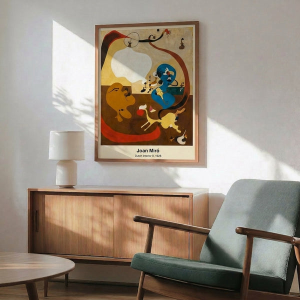 Whimsical surreal abstract art print featuring interior and furniture-inspired forms in warm ochre and rust with cool teal accents, displayed as framed poster.
