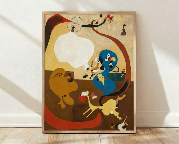 Abstract surreal composition with geometric shapes and organic forms in warm earth tones, black lines, and muted colors creating a dreamlike interior scene.