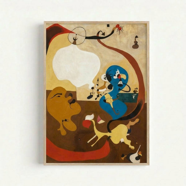 Miró-style abstract artwork featuring playful biomorphic shapes and linear elements in ochre, brown, and cream tones against a soft background.