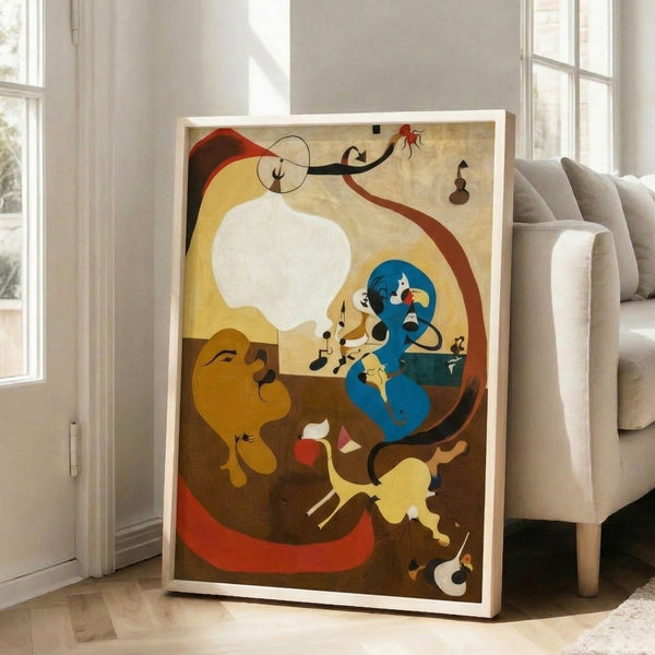 Abstract surrealist composition using simplified shapes and gestural lines in earthy palette—ochre, tan, and black—creating whimsical spatial depth.