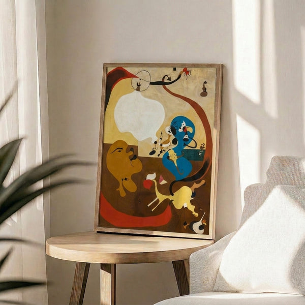 Surreal abstract wall art with floating organic and geometric motifs in muted earth tones, black outlines, and cream background in twentieth-century modernist style.