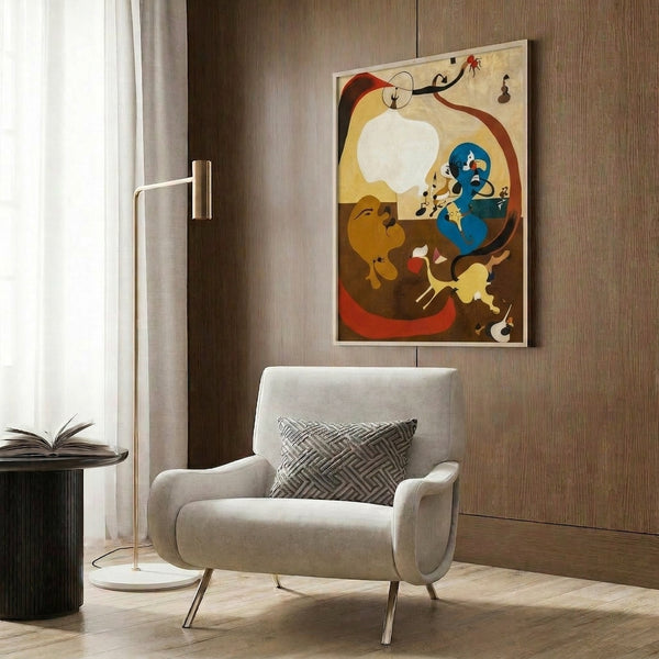 Framed abstract print featuring dreamlike biomorphic shapes and linear marks in warm beige, ochre, and charcoal creating a playful surrealist interior.