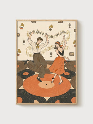 Retro Swing Dance Couple Poster poster in oak frame