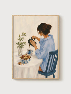 Coffee Pour Watercolor Painting poster in oak frame