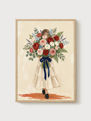 Girl with Bouquet Watercolor Flowers Poster poster in oak frame