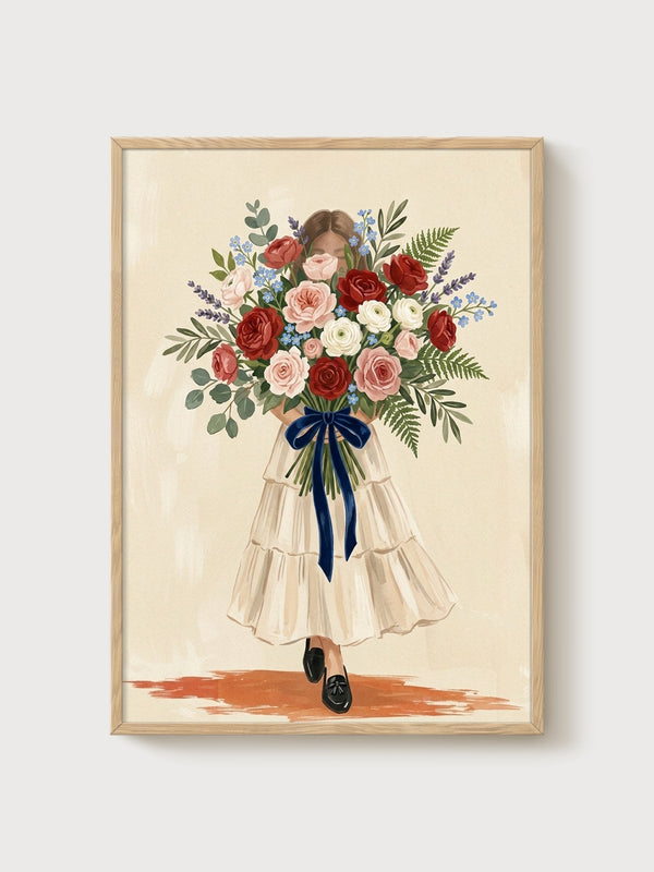 Girl with Bouquet Watercolor Flowers Poster poster in oak frame