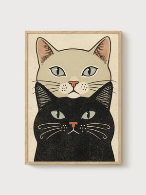 Black Cat and Tan Cat Print poster in oak frame