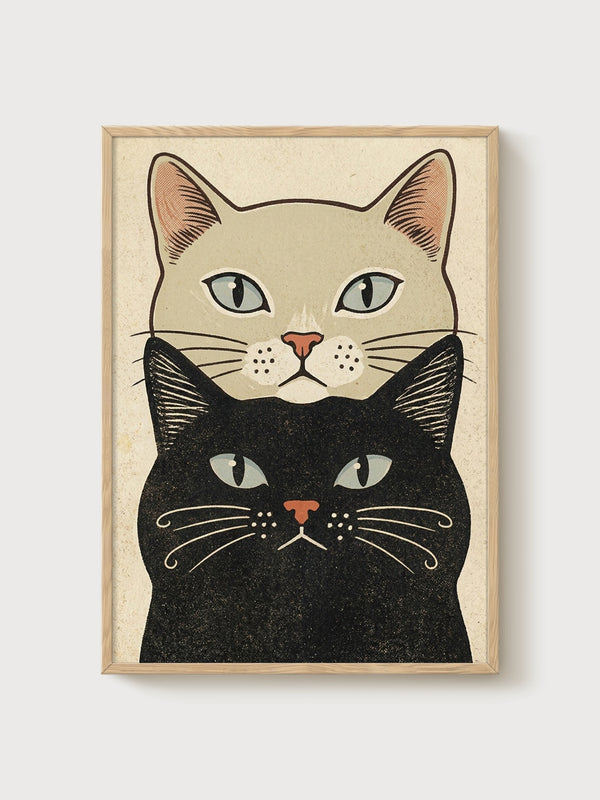 Black Cat and Tan Cat Print poster in oak frame