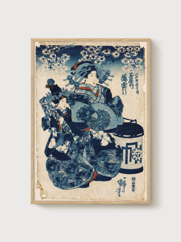 Geisha Ukiyo E Wall Art poster in oak frame
