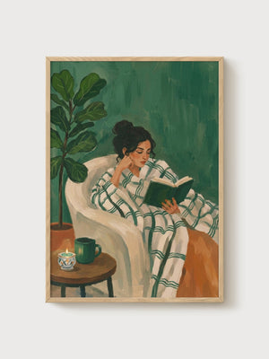 Cozy Reading Woman Japandi Wall Art poster in oak frame